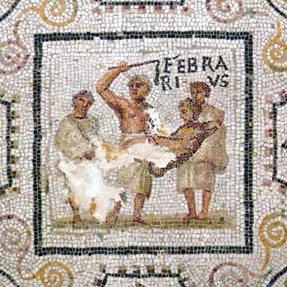 Febbraio, frammento di un mosaico raffigurante i mesi dell'anno, a partire dal primo mese romano, marzo. Prima metà del III secolo. Museo Archeologico di Sousse, El Jem