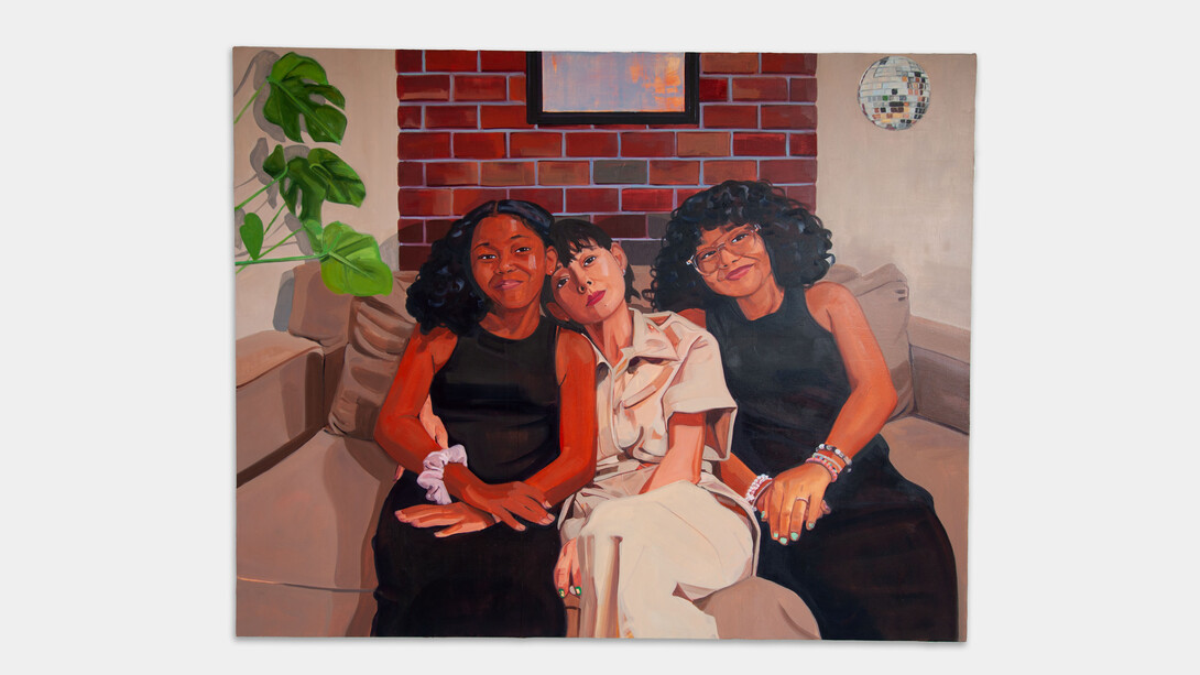 Tajh Rust,
Mihoko and Her Daughters, 2023.
Oil and acrylic on canvas,
48 x 60 in,
121.9 x 152.4 cm. Courtesy of the artist and Micki Meng Gallery