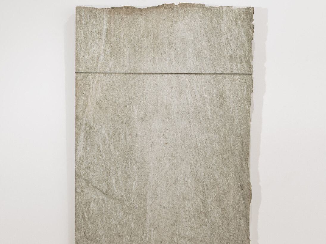 Giovanni Anselmo, Untitled, 1990, Granite Verde Argento canvas, cable, slip-knot 200 x 139 x 6,5 cm. Courtesy of Bernier/Eliades Gallery