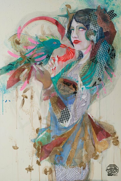Lady Buk, 2015, tecnica mista su carta, 150 x 100 cm 