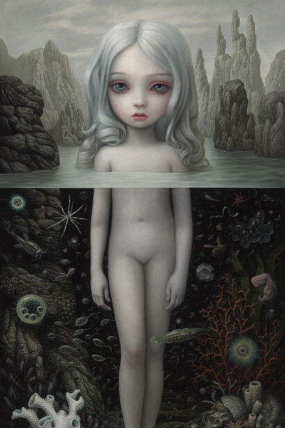 Mark Ryden, Aurora, 2015, oil on canvas, 112 x 58 inches, 284.5 x 147.3 cm

