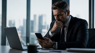 Homem alterna entre notebook e telemóvel no ambiente de trabalho, num retrato da sobrecarga digital que fragmenta a atenção e compromete a capacidade de concentração necessária para decisões estratégicas