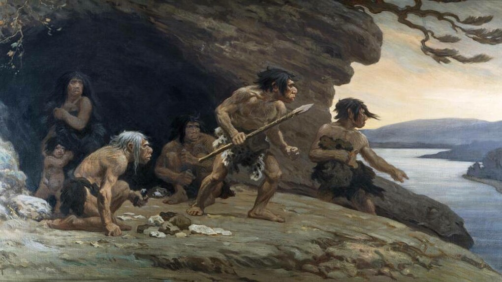 Famiglia di Neanderthal di Charles Robert Knight (1874–1953), paleoartista statunitense, American Museum of Natural History, New York City, US