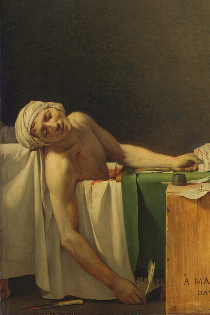 The arm of Marat, depicted as dead and stabbed in the bath, closely resembles the arm painted by Caravaggio in his famous Christ Dismounted from the Cross. The influence of the great masters on David's neoclassicism is clearly evident, is a 1793 painting by Jacques-Louis David