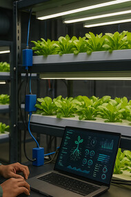 A researcher monitors an AI-powered hydroponic system using real-time data to optimize plant growth in a controlled indoor environment