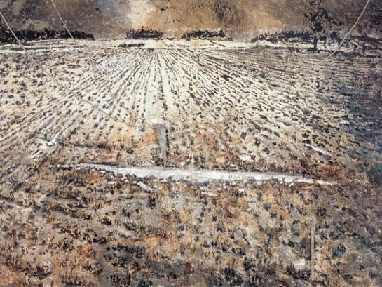 Anselm Kiefer (German, born 1945). Die Milchstrasse, 1985-1987. Diptych: emulsion paint, oil, acrylic and shellac on canvas with applied copper wires and lead, composed of 2 panels, overall: 150 x 222 inches (381 x 563.88 cm). Collection Albright-Knox Art Gallery, Buffalo, NY. In Celebration of the 125th Anniversary of The Buffalo Fine Arts Academy, General and Restricted Purchase Funds, 1988. © 1985 Anselm Kiefer. Photograph by Tom Loonan