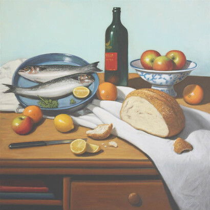 Lucy Ward, A Dish of Fish and Fruit, Oil on Canvas, 29.5" x 29.5" x 1.5"