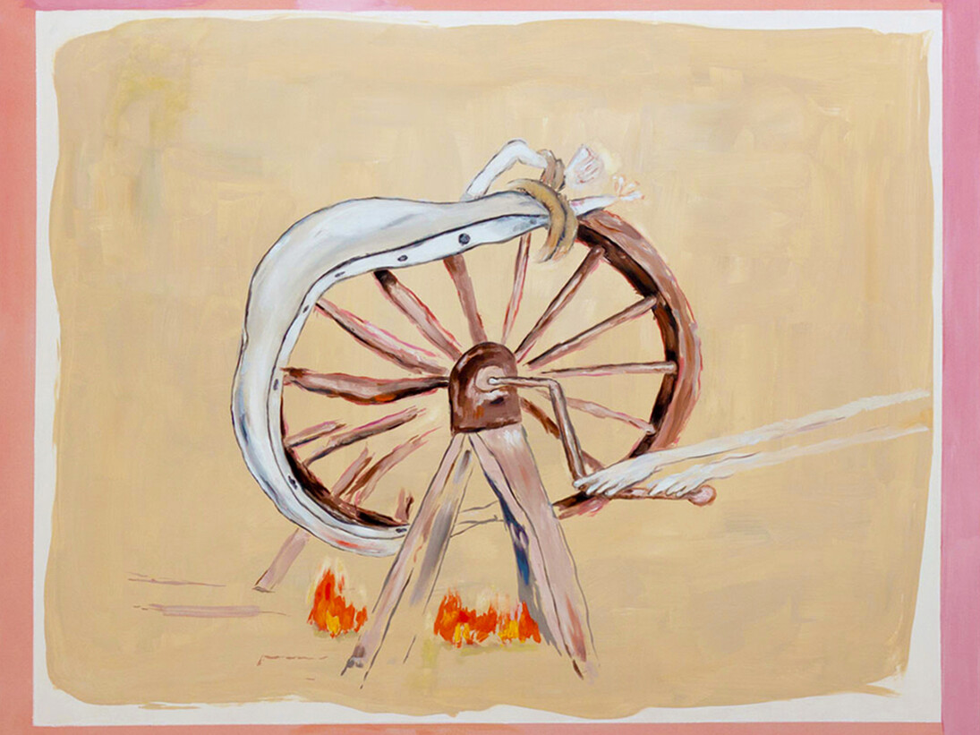 Micha Patiniott, “Breaking Wheel”, 47” by 59”, gesso, oil on canvas, 2014.  Copyright: Micha Patiniott. Courtesy: Anna Zorina Gallery, New York City