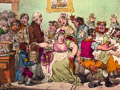 Caricature publiée en 1802 de Jenner. Il vaccine des patients qui craignaient qu'il leur fasse pousser des cornes de vaches
