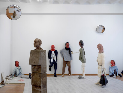 Sander Breure & Witte van Hulzen, the Thief, 2019. Installation overview at Marres Maastricht, ceramics, concrete, plaster, textile, wood, 2019 photo: Gert Jan van Rooij