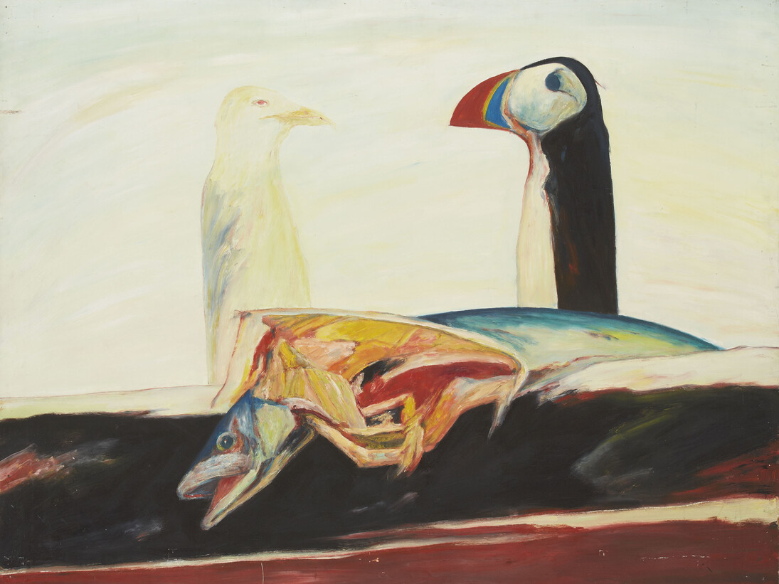 John Bellany, Puffin Fable, 1974, Oil on Canvas, 48 x 63 inches 
