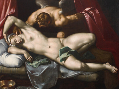 Abraham Bloemaert (1566-1651), Cupidon visitant Psyché la Nuit | Amor besucht Psyche in der Nacht | Cupid visiting Psyche at Night, vers | um | c. 1590, huile sur toile | Öl auf Leinwand | oil on canvas, 152,3 x 197,5 cm, 
Collection MNHA | MNHA Sammlung | MNHA collection© : MNHA | Tom Lucas