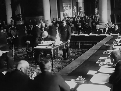Greek prime minister Eleftherios Venizelos signing the Treaty of Sevres, 1920