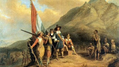 Charles Davidson Bell (1813-1882) describe la escena del  4 de abril de 1652, cuando el capitán Jan van Riebeeck tomó posesión del Cabo de Buena Esperanza en nombre de la Compañía Neerlandesa de las Indias Orientales
