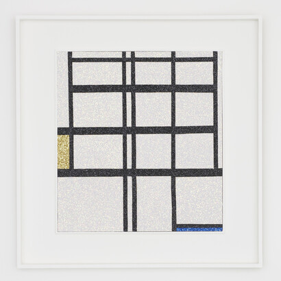 Corinne Felgate, Composition in Yellow, Blue and White, 2014, fabric & glitter on board, Image: 60 x 55.2cm, Framed: 84 x 81.5cm