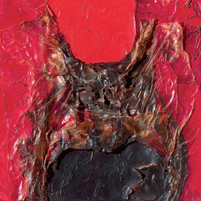 Alberto Burri, Nero Rosso Combustione, 1964, plastic, acrylic, wood, vinavil and combustion on cellotex, 28 x 29,5 cm, Courtesy Fondazione Burri and Mazzoleni London
