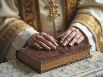With fingers poised on ancient pages, the image captures a Church still rooted in ceremony while the faithful cry out for transformation