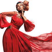 Melinda Looi (b. 1973, Malaysia) for Melinda Looi (est. 2000, Malaysia); Ensemble (dress, turban, earrings, rings, and shoes); Sunset in Africa Collection, 2012; Tie-dyed silk chiffon with feathers, semi-precious stones, and Swarovski crystals, silk satin lining; Photograph by Sebastian Kim