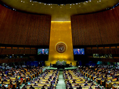 The United Nations General Assembly Hall during the general debate of the 64th session, seen in a wide shot