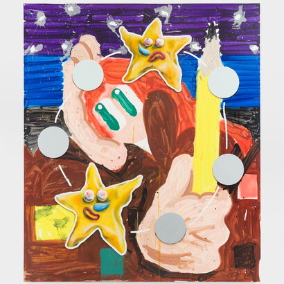 Edu Carrillo, Confused Painter, 2022, acrylic, oil, enamel paint and spray on linen, 78 3/4x66 7/8 inches. Courtesy of the artist and Lorin Gallery