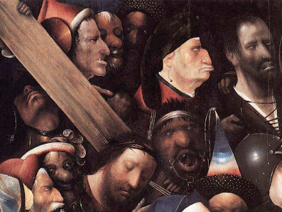 Christ portant la croix (vers 1490-1500), huile sur panneau de Bosch, montre la violence infligée au corps christique dans une charge expressive profonde