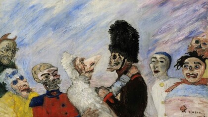 «Squelette arretant masques» (1891): a obra de James Ensor é famosa pelos seus desenhos e pinturas de máscaras e multidões que utilizou como crítica social da hipocrisia e da mentira