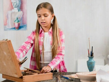 An artistic concept featuring a girl painting creatively in her studio