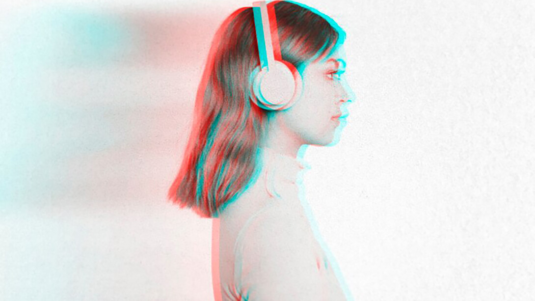 A woman with headphones, enhanced with an anaglyph effect for a 3D visual experience
