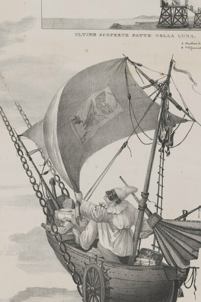 "Partida de Pulcinella hacia la Luna", litografía de Salvatore Fergola inspirada en el gran engaño de la Luna de 1835