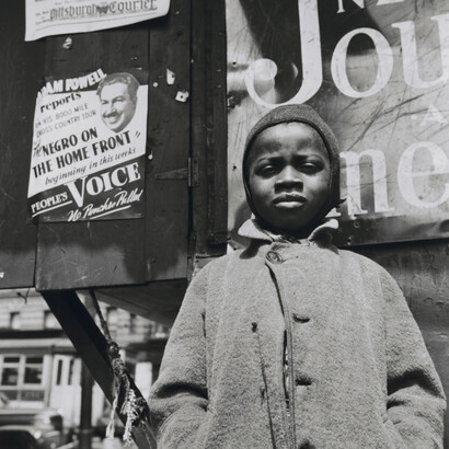 Gordon Parks. Harlem Newsboy, Harlem, New York. 1943. Gelatin silver print, 14 1/8 × 14″ (35.9 × 35.6 cm). The Museum of Modern Art, New York. Acquired through the generosity of The Friends of Education of The Museum of Modern Art and Committee on Photography Fund. Courtesy of and copyright The Gordon Parks Foundation
