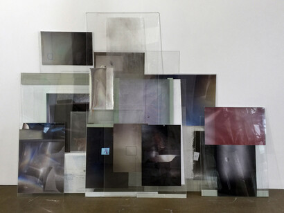 Penelope Umbrico, Out of Order: Bad Display, 2016, C-prints, used Plexiglas, and TV boxes , Dimensions variable, Installation view, former Pfizer factory in Bushwick Brooklyn, 2016, Courtesy of the artist
