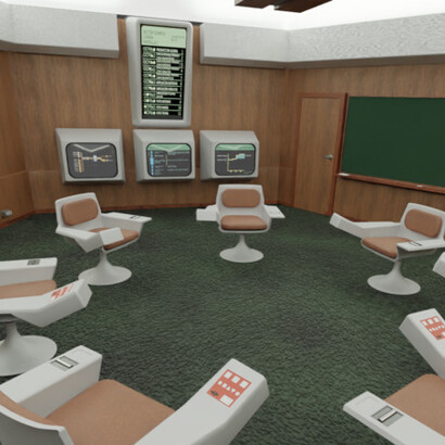 Imagen generada por computadora del cuarto de operaciones del proyecto CyberSyn