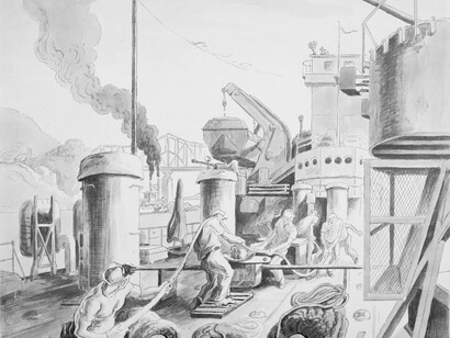 Thomas Hart Benton (American, 1889 – 1975), All Work, 1944, pen and ink with wash on paper, 23 x 26 in. (framed dim.), Navy Art Collection, Naval History and Heritage Command, Washington, D.C., 88-159-BB.