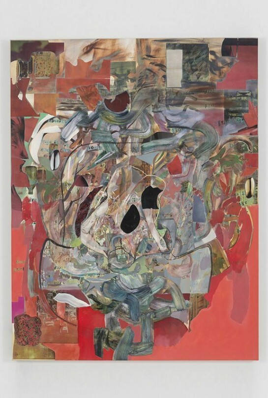 Elliott Hundley, fugitive song, 2014, Oil paint and paper on linen, 78 x 60 x 2 inches (198.1 x 152.4 x 5.1 cm)