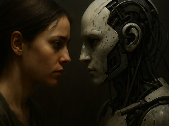 A haunting face-off between humanity and machine—where identity, emotion, and control hang silently in the balance