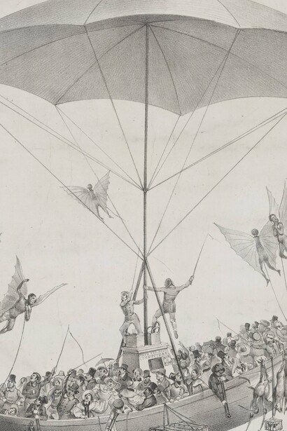 "Viaje de regreso de la Luna", litografía de Gaetano Dura inspirada en el gran engaño de la Luna de 1835