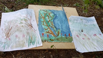 Disegni su un prato degli allievi di Giampiero Monaca, inventore del metodo Bimbisvegli