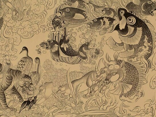 Pema Rinzin, Auspicious Dream 2, 2013, Sumi ink, gold, stone pigment on wood, 36 x 96 inches. Images courtesy of Joshua Liner Gallery