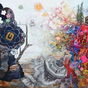 Julie Peppito, Untitled, gouache, thread, micron pen, pencil, found objects, paper on paper, 11 x 14 inches