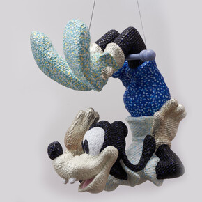 Sam Havadtoy, Goofy on the trapeze, lace, acrylic, gold on found object, 41x26x33 cm, 2017