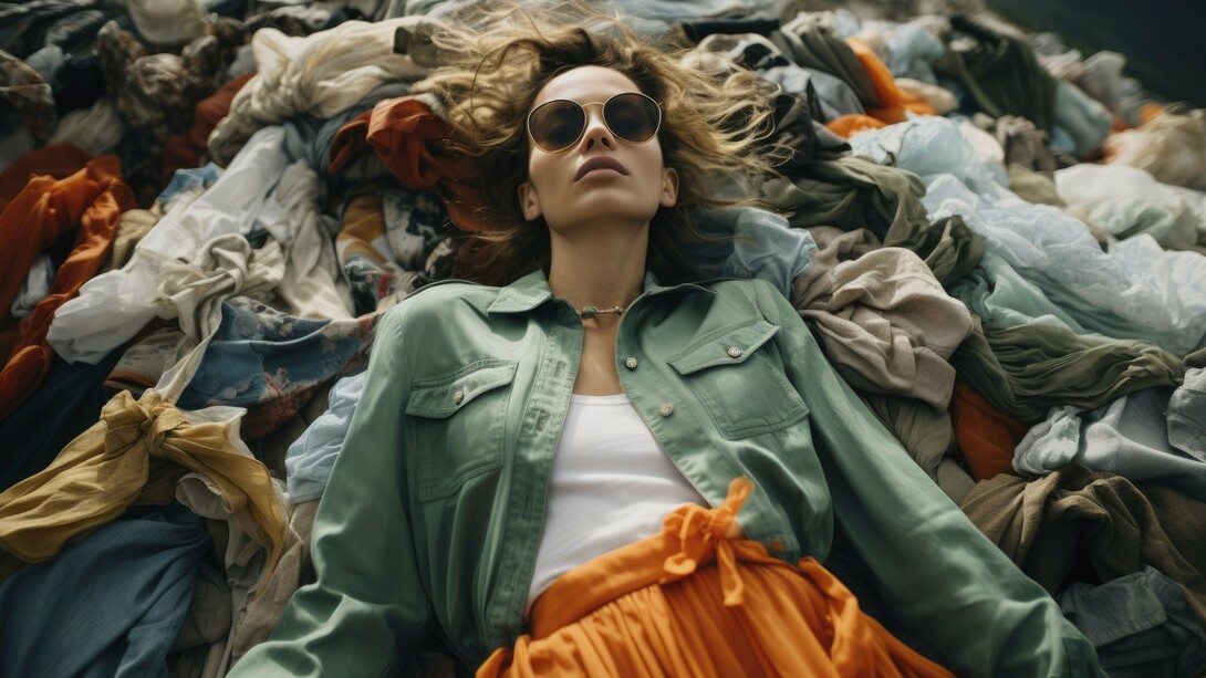 A woman surrounded by clothing piles underscores the urgent necessity for ecological alternatives in light of the environmental challenges posed by the textile industry
