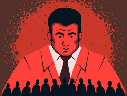 A man gazes down at the crowd from above, symbolizing totalitarianism, dictatorship, Machiavellianism, and the power of an authoritarian regime