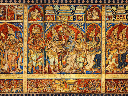 The bottom tier depicts gods seated on their respective vahanas, while the upper tier features a band of musicians playing instruments, Virupaksha Temple, Hampi, India