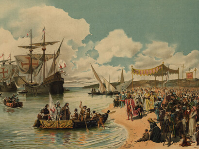 Alfredo Roque Gameiro, *A partida de Vasco da Gama para a Índia em 1497*, Lisboa, José Bastos, Lith. da Comp. Nac. Editora, ca. 1900, litografia