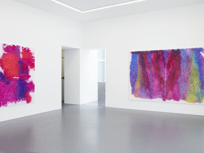 View of the exhibition Peter Zimmermann “sur le motif”, Galerie Perrotin, Paris, June 12 - July 26, 2014. From left to right: "commas" 2014, Oil on canvas, 200 x 145 cm / 78 3/4 x 57 1/8 inches & "first landscape" 2014, Oil on canvas, 200 x 300 cm / 78 3/4 x 118 1/8 inches, Photo : Claire Dorn, Courtesy Galerie Perrotin