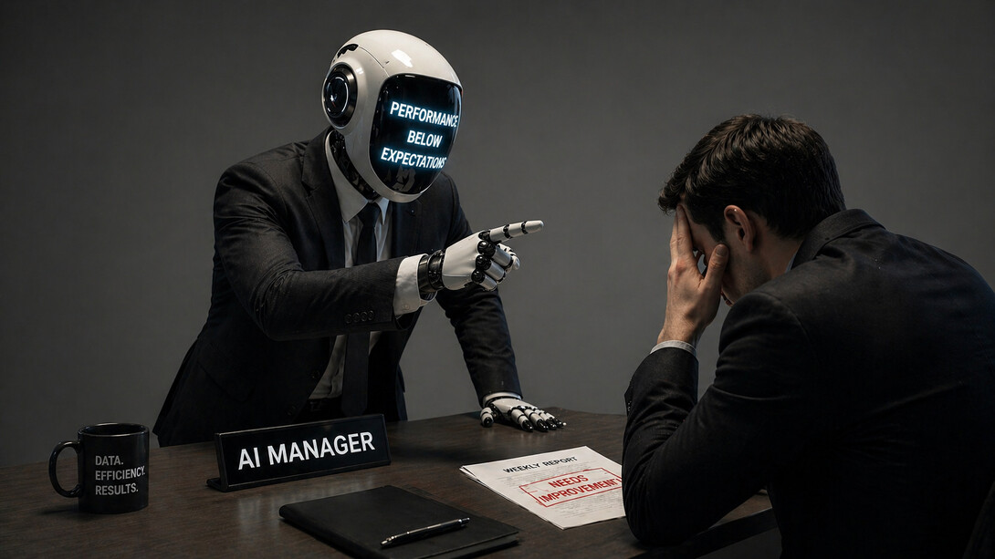 A robotic boss scolding an employee at their desk, representing the loss of human understanding in modern workplaces