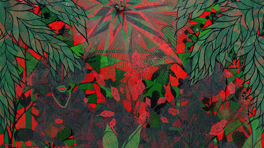Chris Ofili, Afronirvana, 2002. Oil, acrylic, polyester resin, aluminum foil, glitter, map pins, and elephant dung on canvas,108 x 144 in (274.3 x 365.7 cm). Courtesy the artist, David Zwirner, New York/London, and Victoria Miro, London. ©Chris Ofili