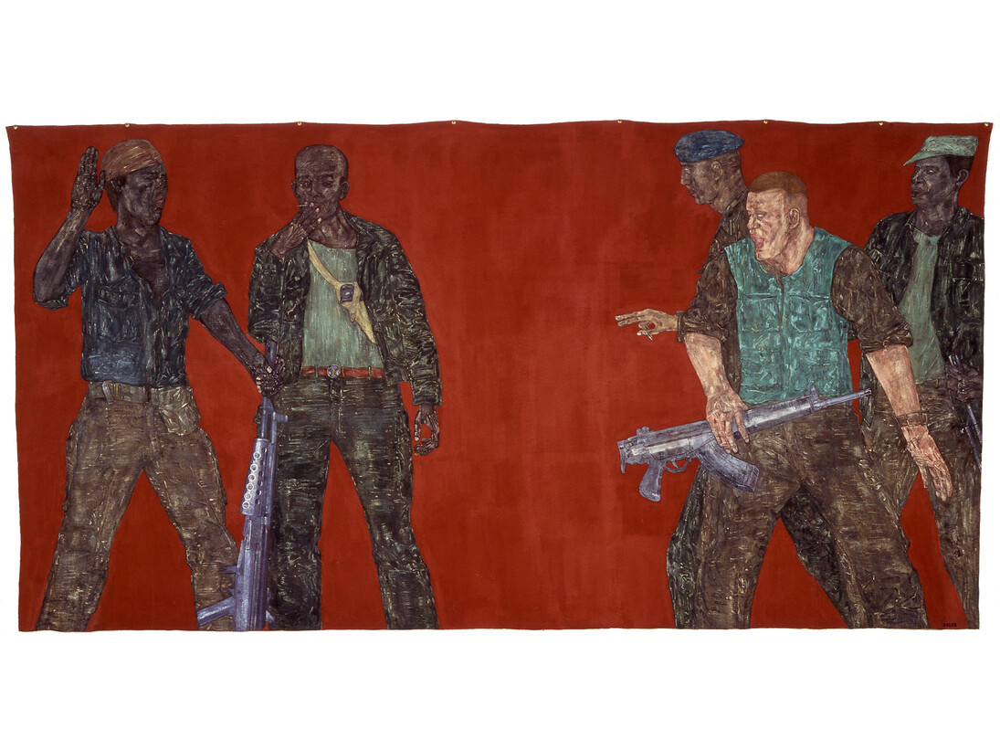 Leon Golub, Mercenaries IV, 1980, acrylic on linen, 304.8 x 584.2 cm, Collection of Ulrich and Harriet Meyer