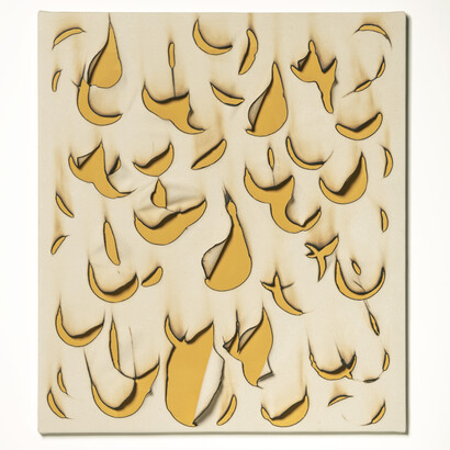 Kathleen Kucka, RBY/ YELLOW, 2023, burns and flashe on canvas, 32 x 28 inches. Courtesy the artist and Heather Gaudio Fine Art