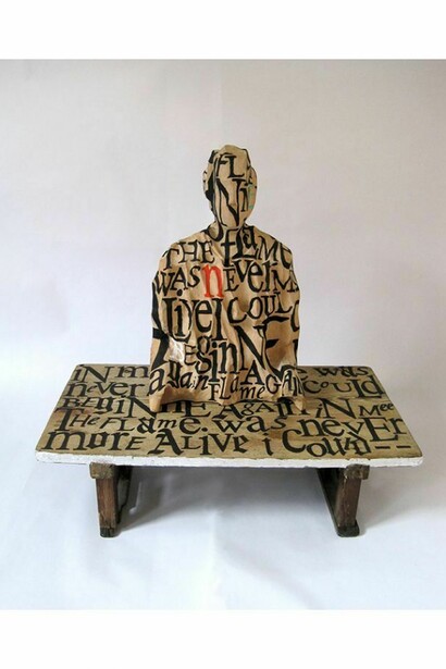 Lesley Dill, Wood Word Woman with Wood Word Pedestal, 2011, Oil stick and silver leaf on wood, 29 1/4 x 28 15/16 x 17 1/16 inches, Courtesy of the artist and George Adams Gallery, New York